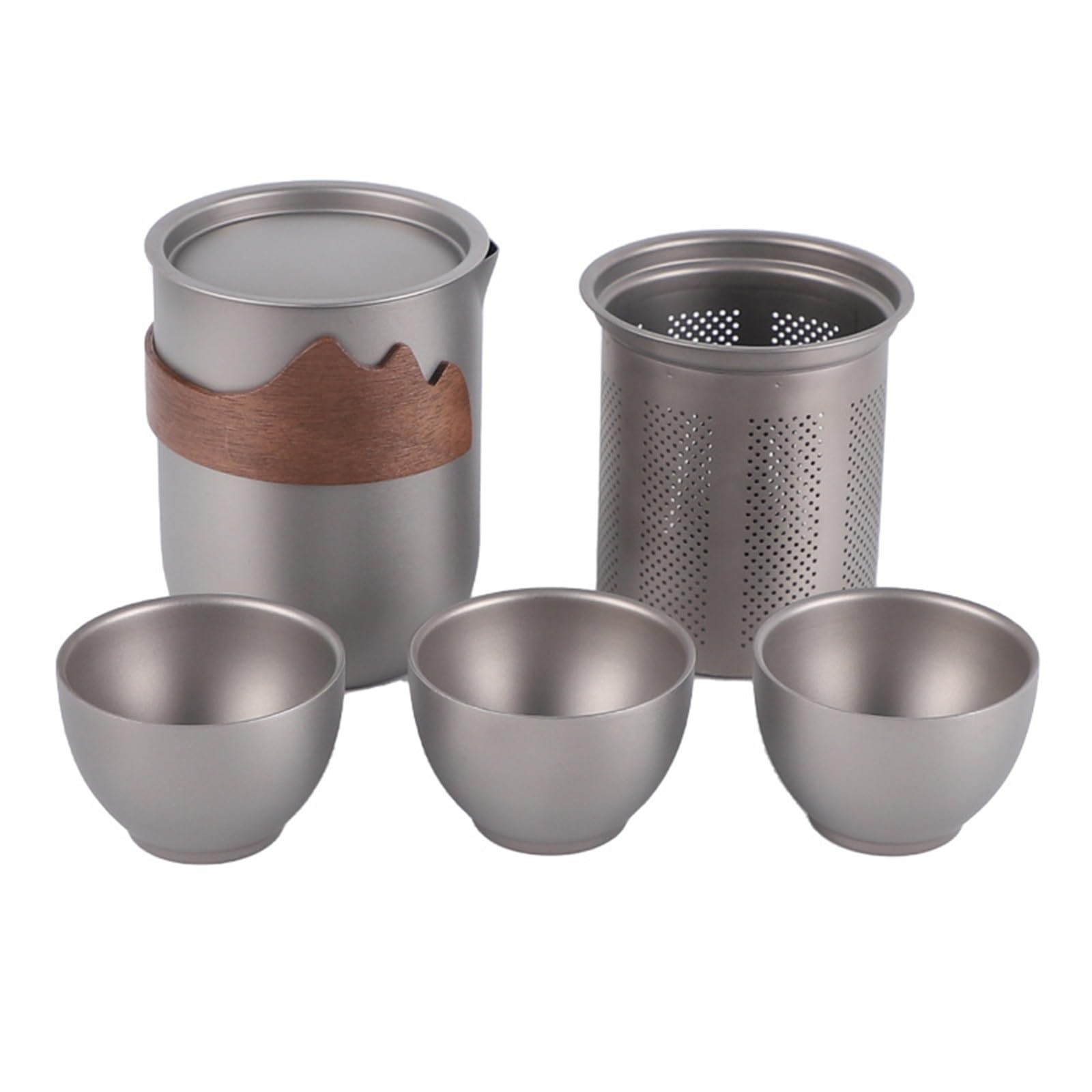 チタン ティーセット 3人用 茶器セット 純チタン製 ポータブル ティーポット 急須 湯呑み スタッキング 収納ケース付き 断熱 ウッドグリップ フィルター付き 軽量 錆びにくい 割れない アウトドア キャンプ 登山 ソロキャンプ 釣り 旅|擇木ショップ