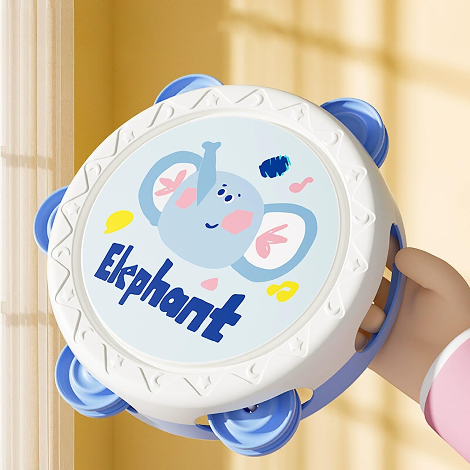 タンバリン おもちゃ 子供 打楽器 ハンドドラム 楽器玩具 ハンドクラップ 知育玩具 16.5cm 音楽 啓蒙 手がらがら 音遊び 赤ちゃん 幼児 室内 遊び かわいい イラスト ゾウ 動物 キャラクター ブルー｜擇木ショップ