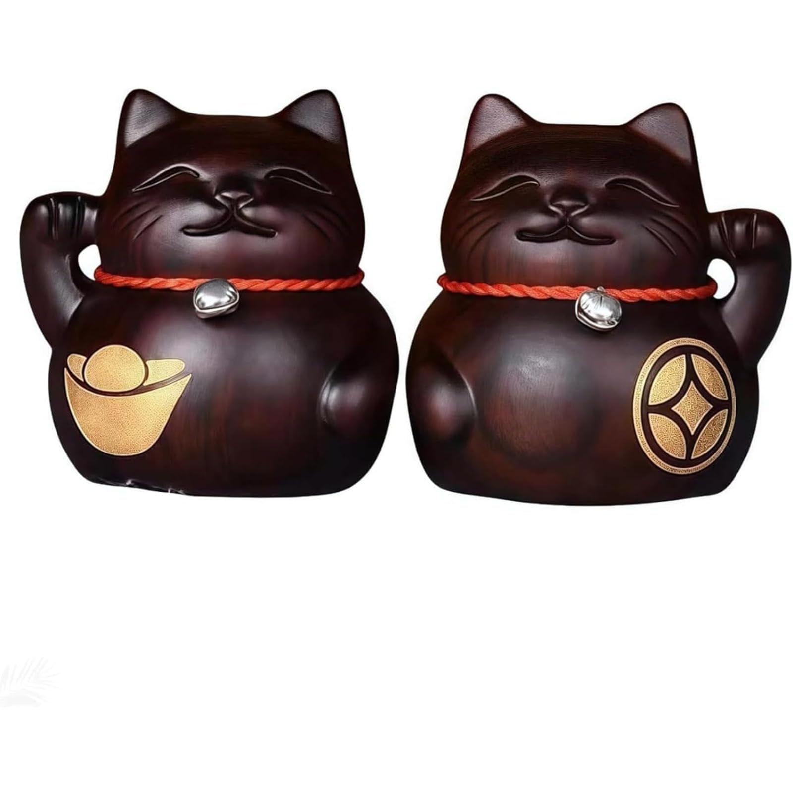 招き猫 置物 木彫り 黒檀 天然木 2個セット 縁起物 商売繁盛 金運上昇 幸運 インテリア 玄関 リビング オブジェ 贈り物 開店祝い 周年 記念品 プレゼント ギフト 風水 彫刻 高級感｜擇木ショップ