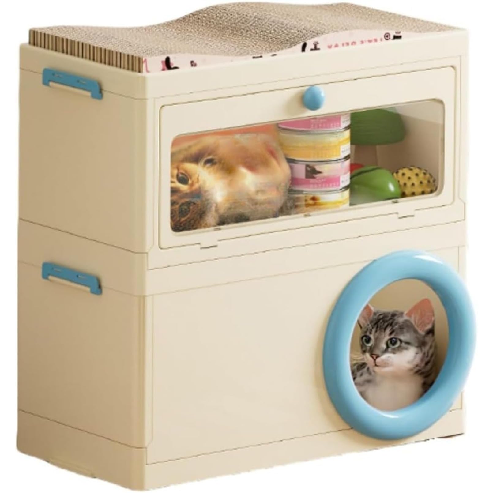 折りたたみ式 キャットハウス 2段 猫 爪とぎベッド 収納ボックス付き ペットハウス ペットケージ 猫ベッド キャットケージ 猫爪とぎ キャットウォーク つめとぎ スクラッチボード 多機能 室内用 小型犬 組み立て簡単 (ブルー)｜擇木ショップ