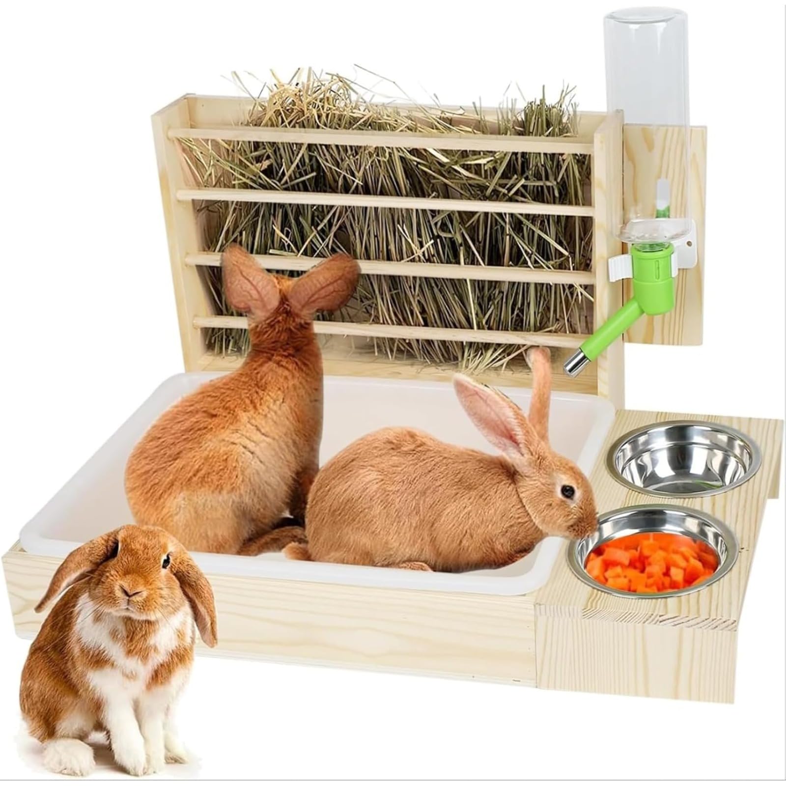 うさぎ トイレ 一体型 牧草フィーダー 木製 大容量 給水器 食器付き 牧草入れ チモシー ラック 小動物 用品 トイレトレー 給水ボトル ステンレスボウル 分解 丸洗い 清潔 掃除しやすい 天然木 モルモット デグー チンチラ ペット用品｜擇木ショップ