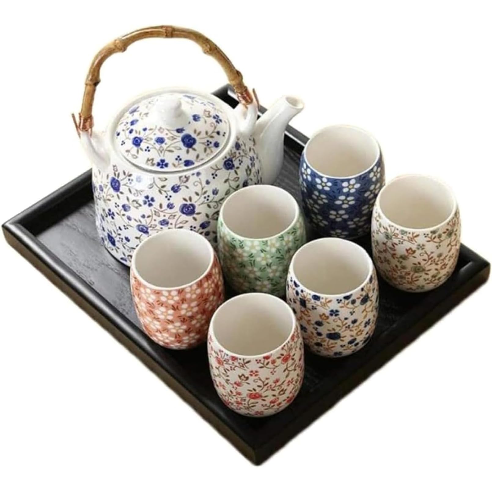 急須書き割り 茶器 6客書き割り 湯呑み 瀬戸もの 茶漉し付き添い人 持ち手バンブー 花柄 ティーセット 和風 湯のみ 茶托付き添い人 差し上げ物 御客さん用 おもてなし 茶の葉装置 今めかしい 晴れ晴れしい 勝手もと雑貨