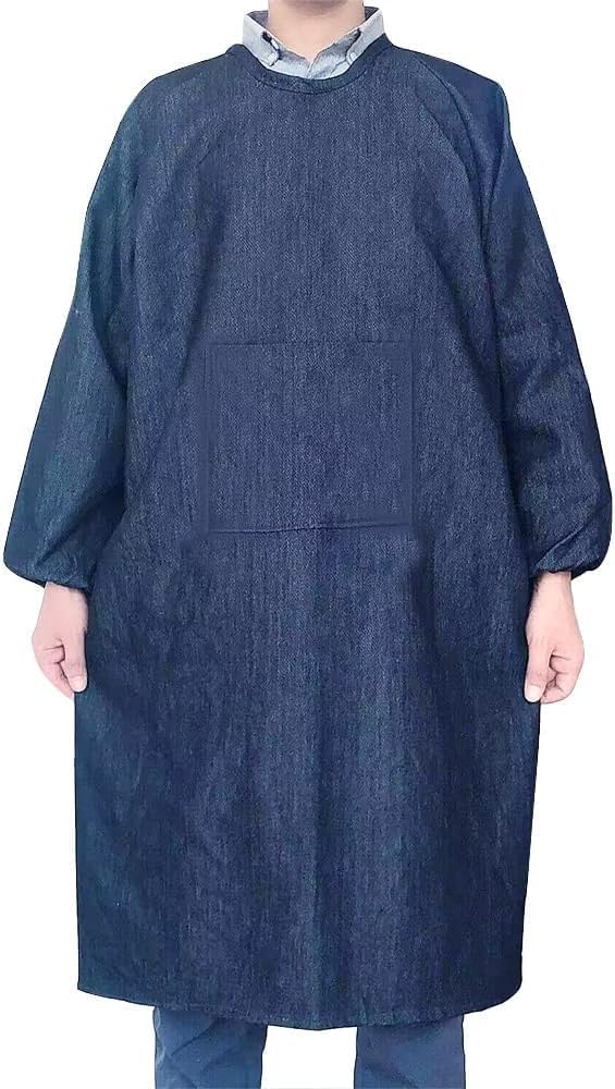 デニム 割烹着 メンズ かっぽう着 男性用 エプロン ロング ワークエプロン 長袖 綿100% スモック 割烹衣 おしゃれ 大きいサイズ 無地 ポケット付き 袖ゴム 動きやすい 飲食店 調理 実習 DIY 庭仕事 畑仕事 軽作業 料理教室|擇木ショップ