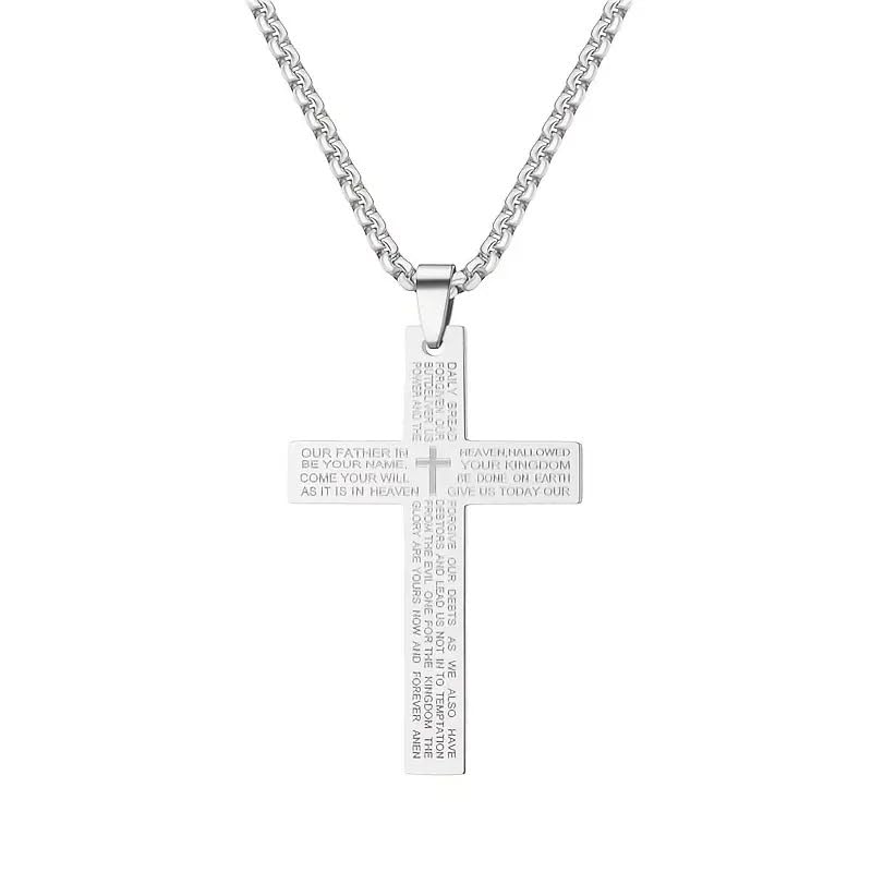 ネックレス メンズ レディース サージカルステンレス 主の祈り クロス ペンダント 十字架 聖書 刻印 宗教 記念日 誕生日 プレゼント ボックスチェーン付き シルバー ゴールド ブラック 3色展開 アクセサリー｜擇木ショップ