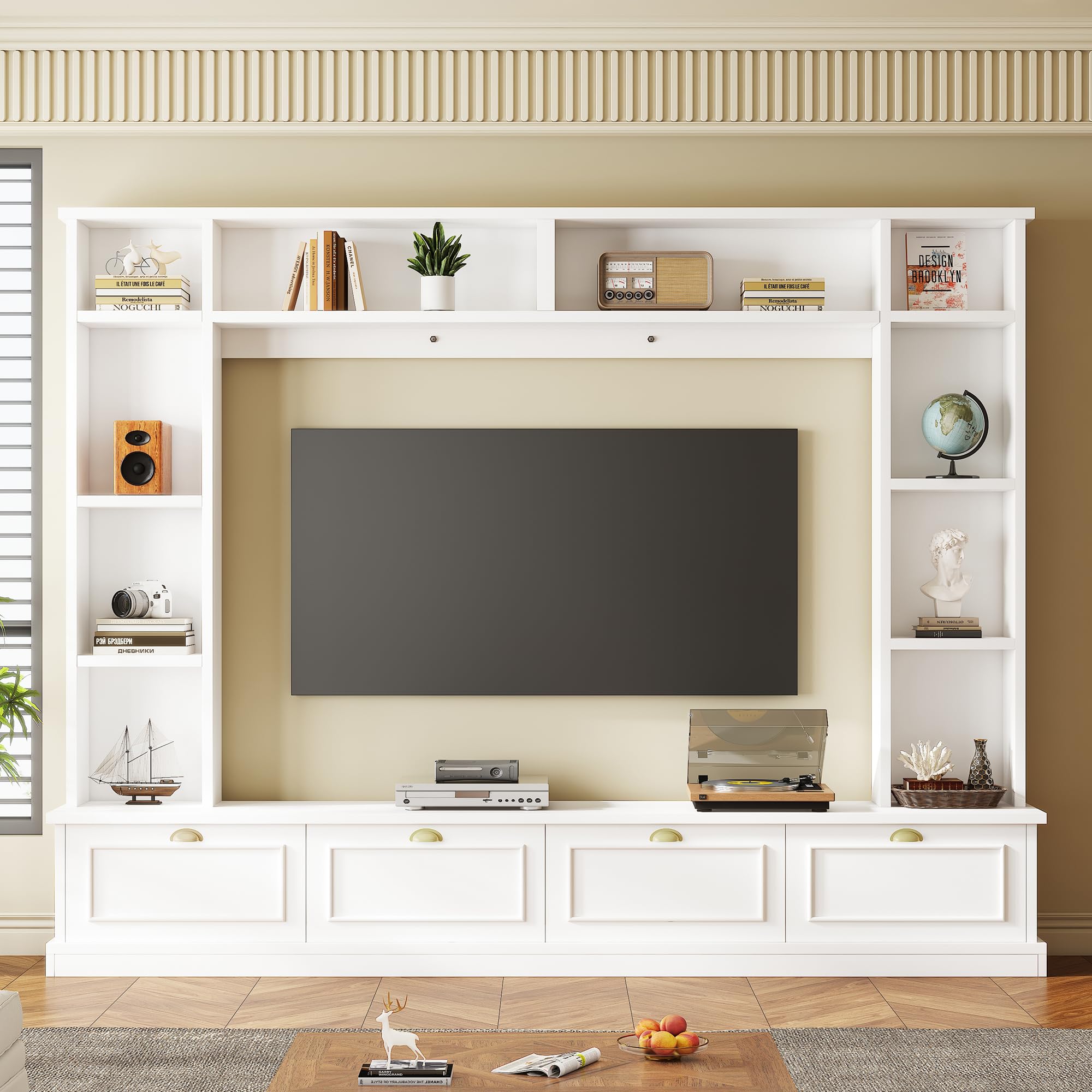 テレビボード 壁面収納 4in1 大型 ハイタイプ 幅104インチ 本棚 ラック ワイン収納付き キャビネット テレビ台 収納棚 おしゃれ モダン リビング収納 ホワイト｜擇木ショップ