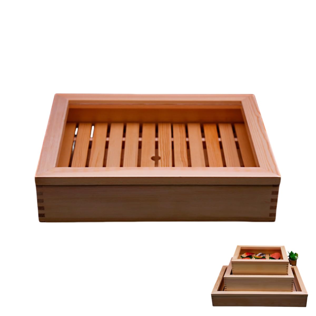 弥助箱 刺身箱 ネタ箱 中大きさ 43×33珊 目皿付き添い人 フタ付き添い人 木製 アクリル樹脂蓋 すし盛台 弥助一皿 刺身皿 ネタ容れもの 魚箱 和食器 お弥助 刺身 天ぷら 盛り付け 見せびらかす 雅びやか 技術者技 御前上等感 勝手もと装置 旅人宿 受け答え