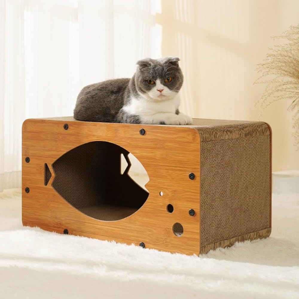 猫 爪とぎ 猫棲み家 ダンボール 猫臥榻 爪研ぎ付き添い人 キャットハウス 木製調 今めかしい 爪磨き 密集して 耐久性 強化因子ダンボール つめとぎ 駆け込み寺 55×29×28糎