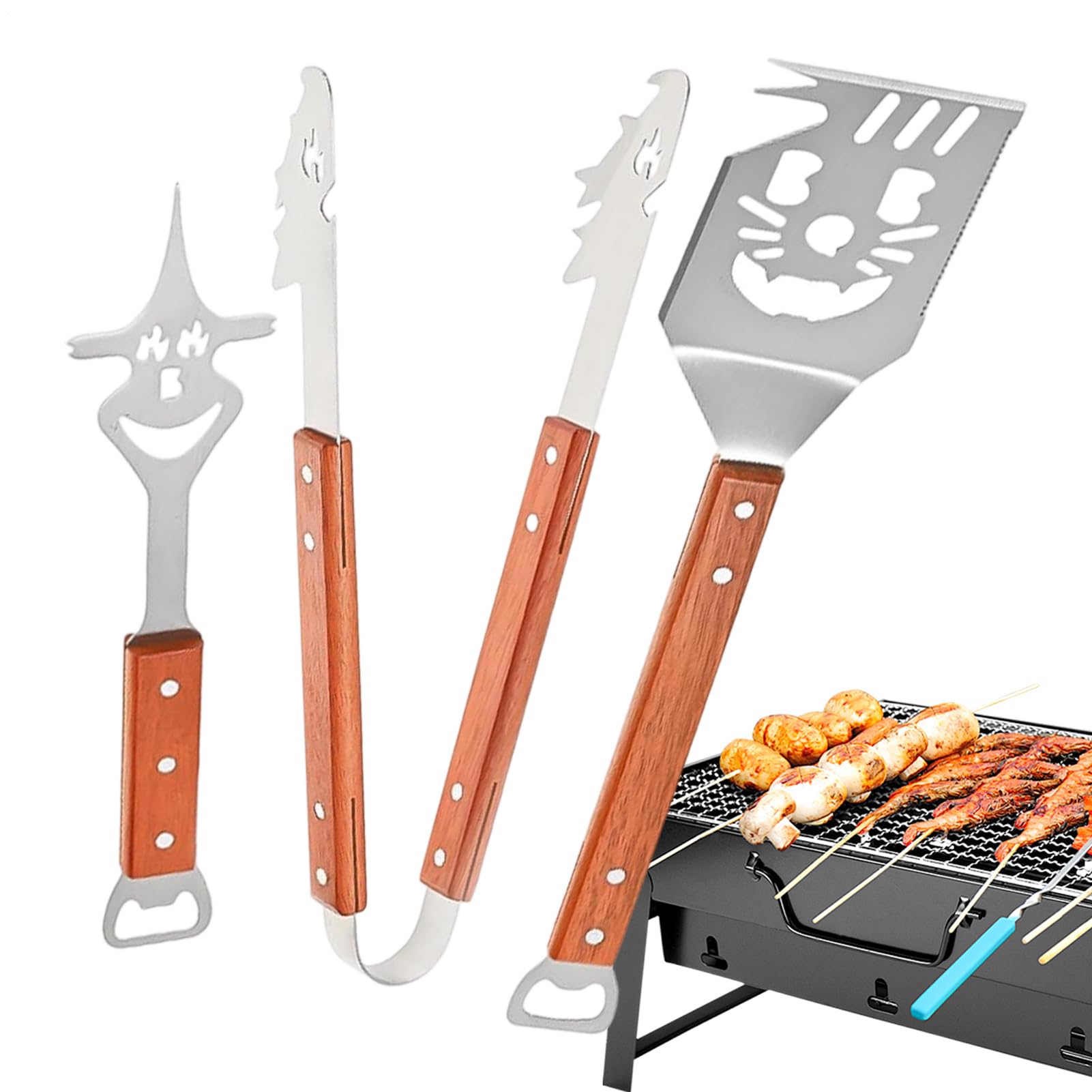 BBQ物の具 3点仕掛ける 丸焼き備品 ステンレス鋼製 飛球受け答え 火箸 民族音楽 木製手持ち部分 アウトドア 難民キャンプ備品 今めかしい 膳立て物の具 差し上げ物 差し上げ物