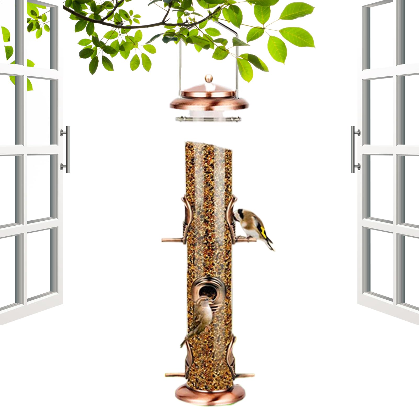 バードフィーダー 野鳥 餌台 吊り下げ式 滋養物供給器 澄み切った 円柱型 鳥類 エサ入れ ガーデニング 庭 回廊 野鳥見ること 餌箱 耐候性 思わしい 金属元素製 今めかしい