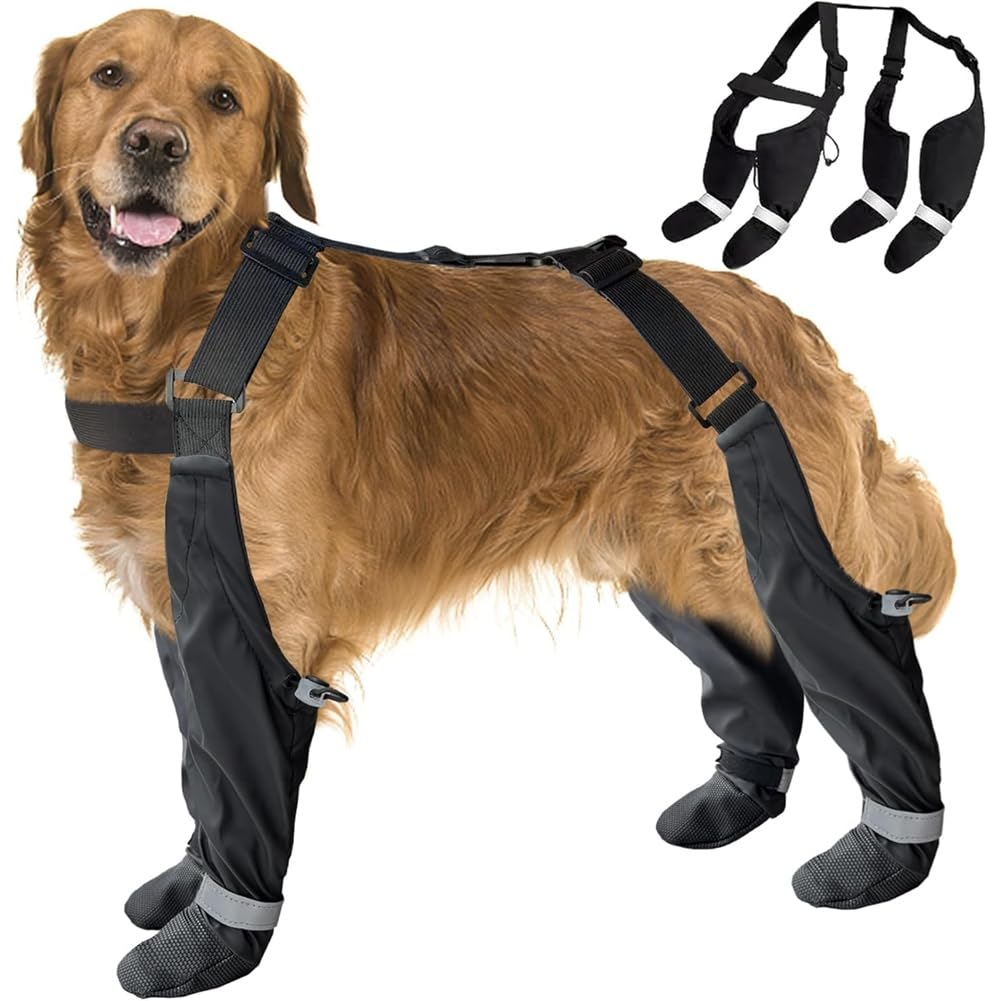 犬用ズボン吊りブーツ 4足一体型 犬の靴 レインブーツ 大型犬 中型犬 小型犬 雨合羽 防寒 スノーブーツ ドッグシューズ 犬用レギンス ロングブーツ 足舐め押しとどめる 汚れた状態押しとどめる ほっつき歩く 撥水 お出かけ 調節する能力のある 無条件反射磁気テープ付き添い人 上滑り打ちきり 耐摩耗性