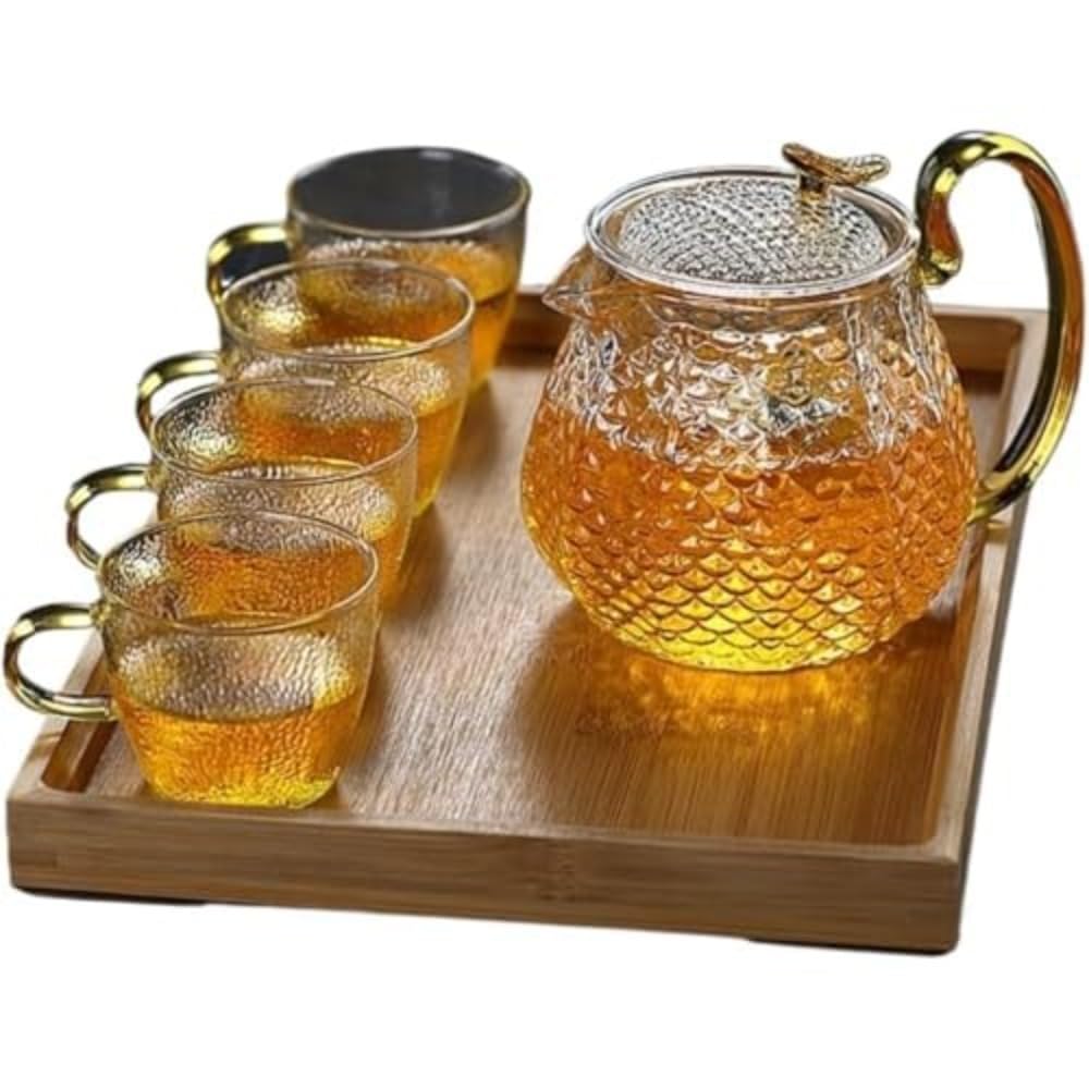耐熱ガラス ティーポット ティーカップ 4客セット 茶こし付き ハンマーパターン ガラス製 紅茶ポット 急須 耐熱 おしゃれ キッチン用品 ティーウェア フルーツティー ハーブティー|擇木ショップ