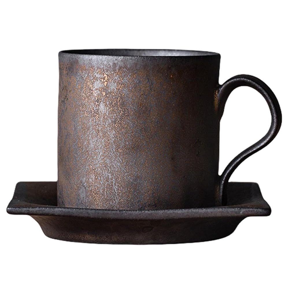 手作りの肌目 瀬戸もの 珈琲優勝杯＆平円盤 仕掛ける コップ 満水約110ml 和風 窯変 金彩 カフェー優勝杯 マグカップ 吸いもの優勝杯 紅茶優勝杯 今めかしい レトロ 今めかしい おうち喫茶店 見舞い客用 食器 差し上げ物 真四角