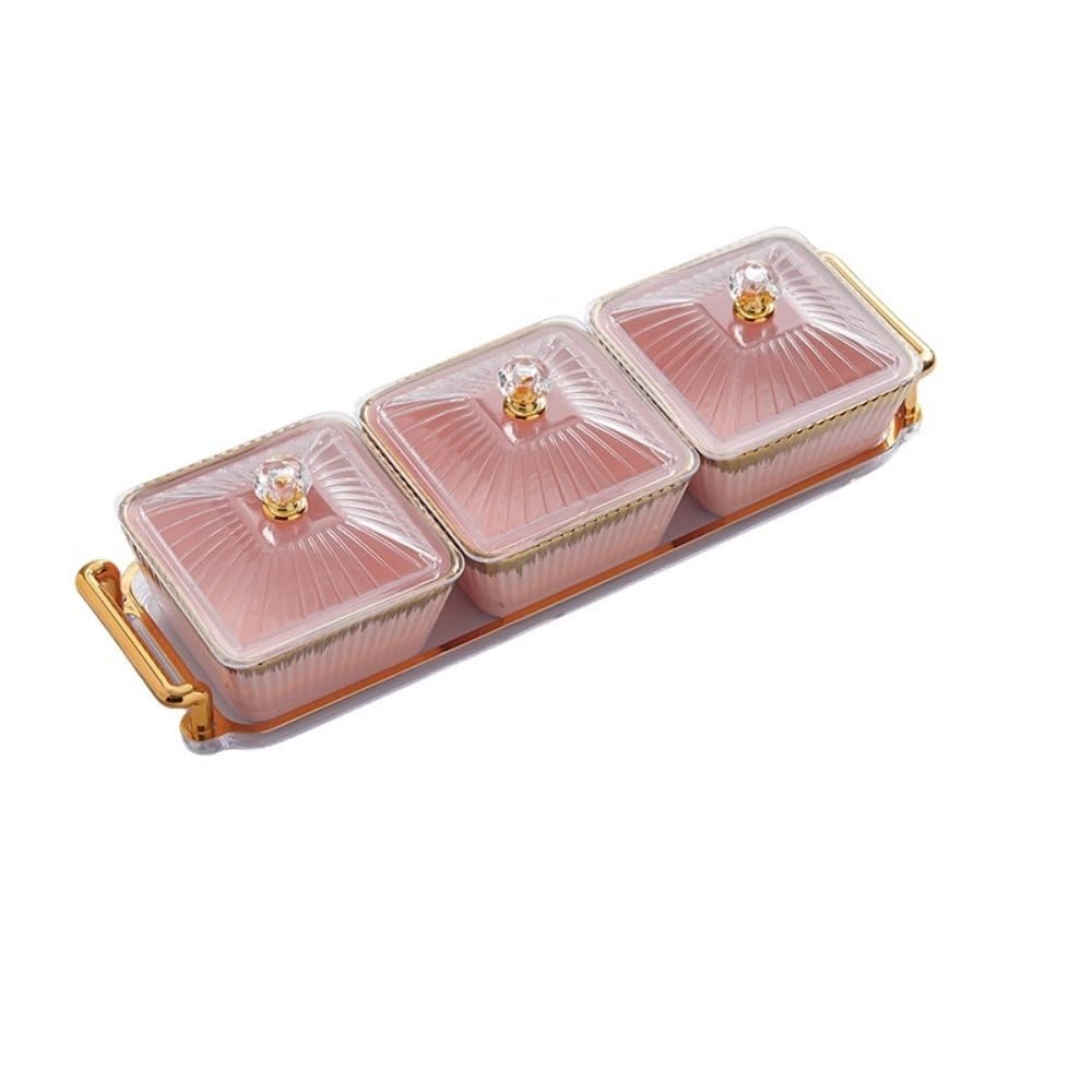 陶芸製 3連フルーツどんぶり鉢 蓋付き添い人 御菓子器 小入れもの 納める入れもの ゴールド一こま 北欧風 今めかしい 室内装飾 御厨子所雑貨 サクラ色