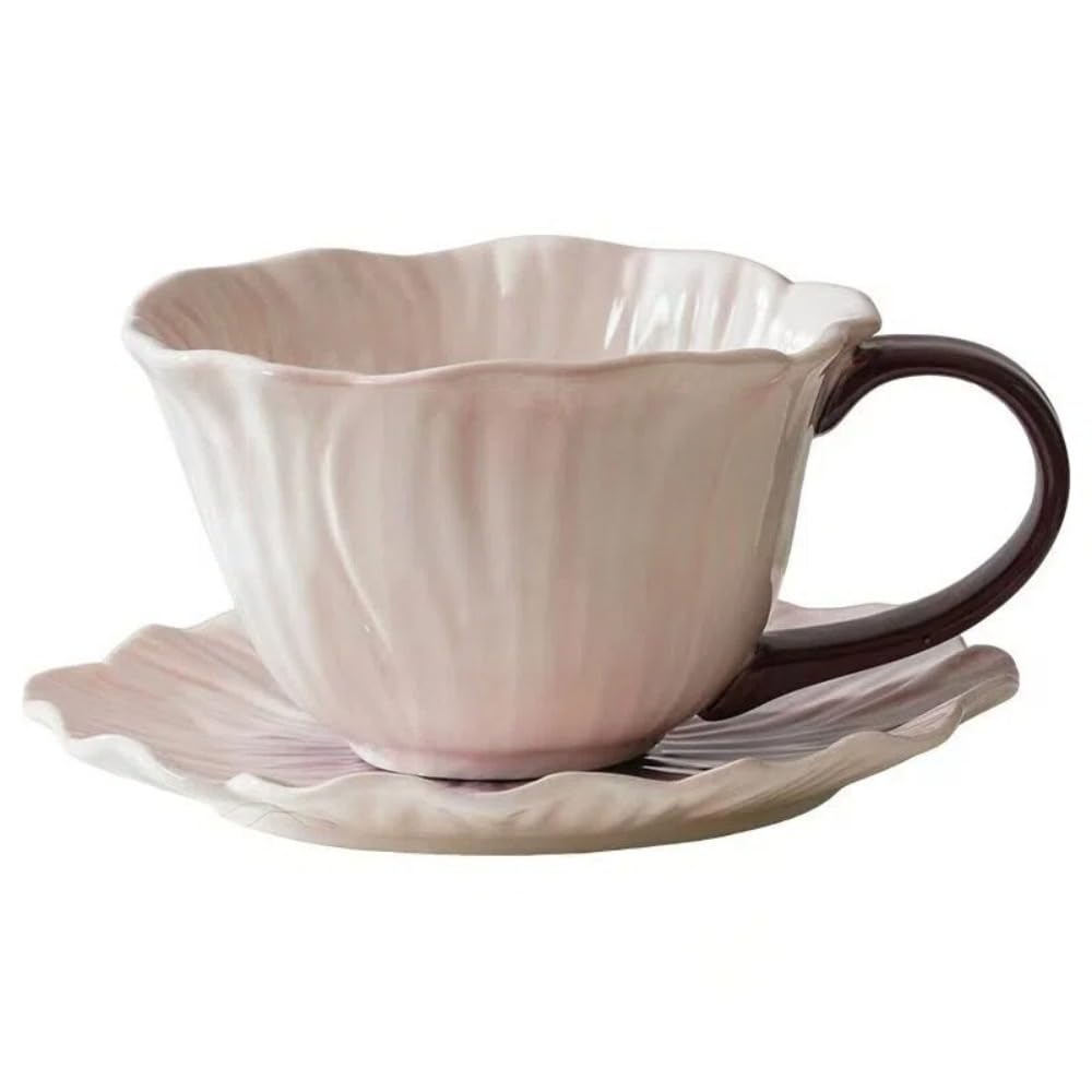 アンティーク調 フラワー コーヒーカップ＆ソーサー セット 350ml 陶器 お洒落 可愛い 花びら マグカップ ティーカップ 満開 花形 スープカップ デザート皿 カフェ風 サロン 自宅用 ギフト プレゼント 贈り物 インテリア雑貨 紫｜擇木ショップ