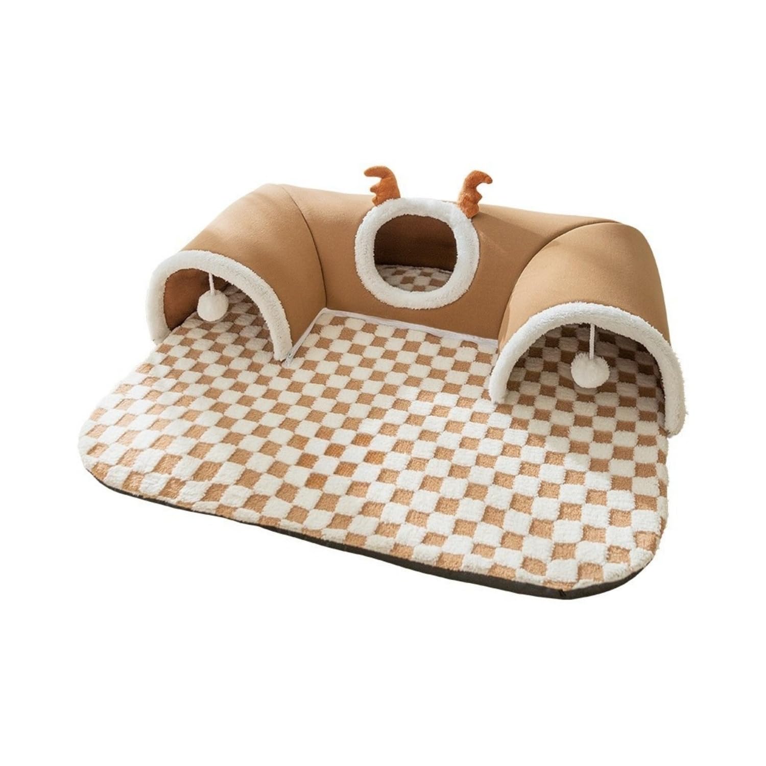 猫 ベッド 冬用 ペットハウス トンネル付き トンネルマット 猫ハウス キャットハウス ドーム 犬用 2WAY ペットベッド ペットマット もこもこ あったか 洗える クッション かわいい おもちゃ付き 隠れ家 遊び場 チェック柄 秋冬|擇木ショップ