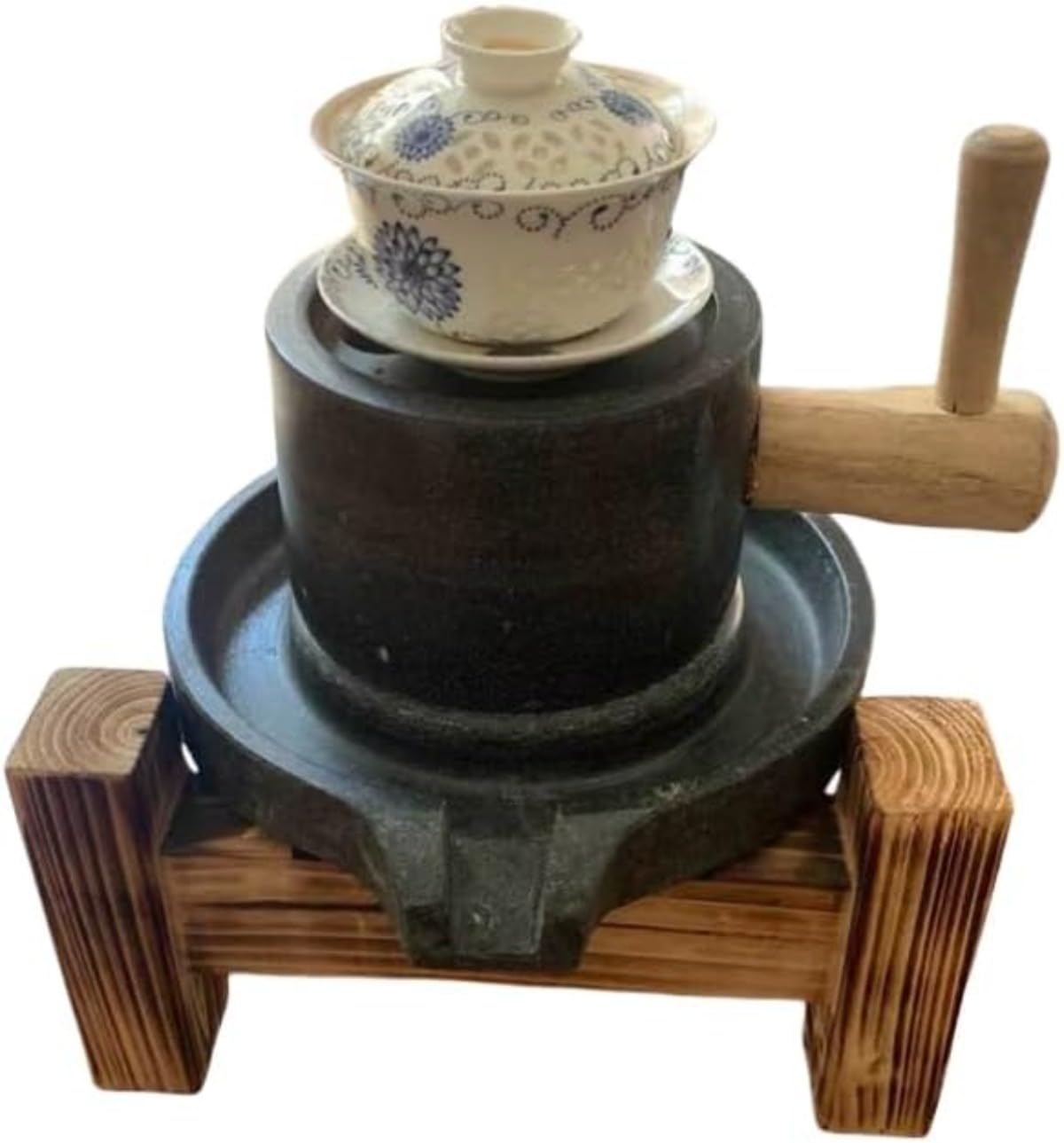 石臼 古典的な小型石臼、家庭用茶石臼 、スパイスの茶花のハーブの粉のための手クランク青石粉砕機、 幼稚園のホームクラフトティーチングミル (石臼+木枠)|擇木ショップ