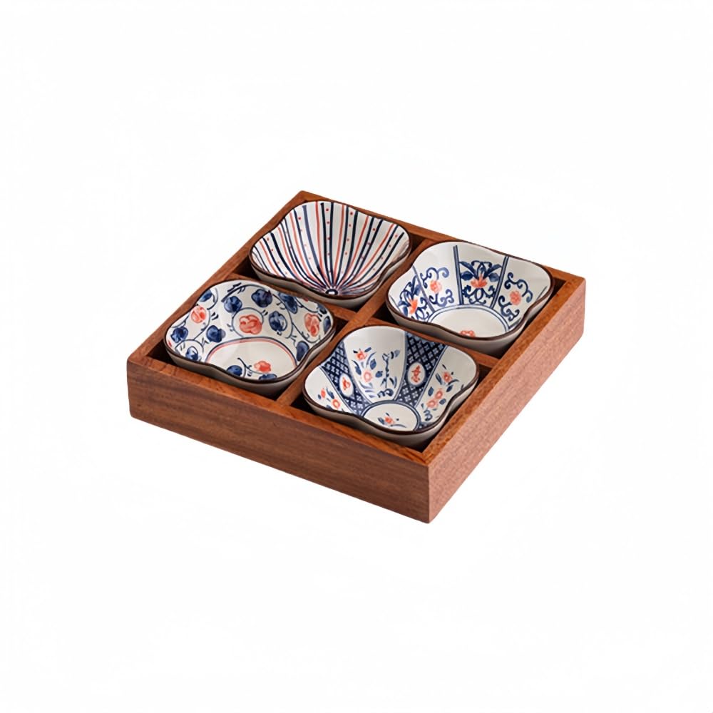 豆皿，小皿，セット，陶器，和食器，盛り鉢，仕切り付きトレー，木製，スクエア，小鉢，深型，タレ，薬味，調味料，間食，火鍋，焼肉屋，寿司，おせち料理，飲食店，業務用，家庭用 (4グリッド（8.5セラミック付き）)｜擇木ショップ
