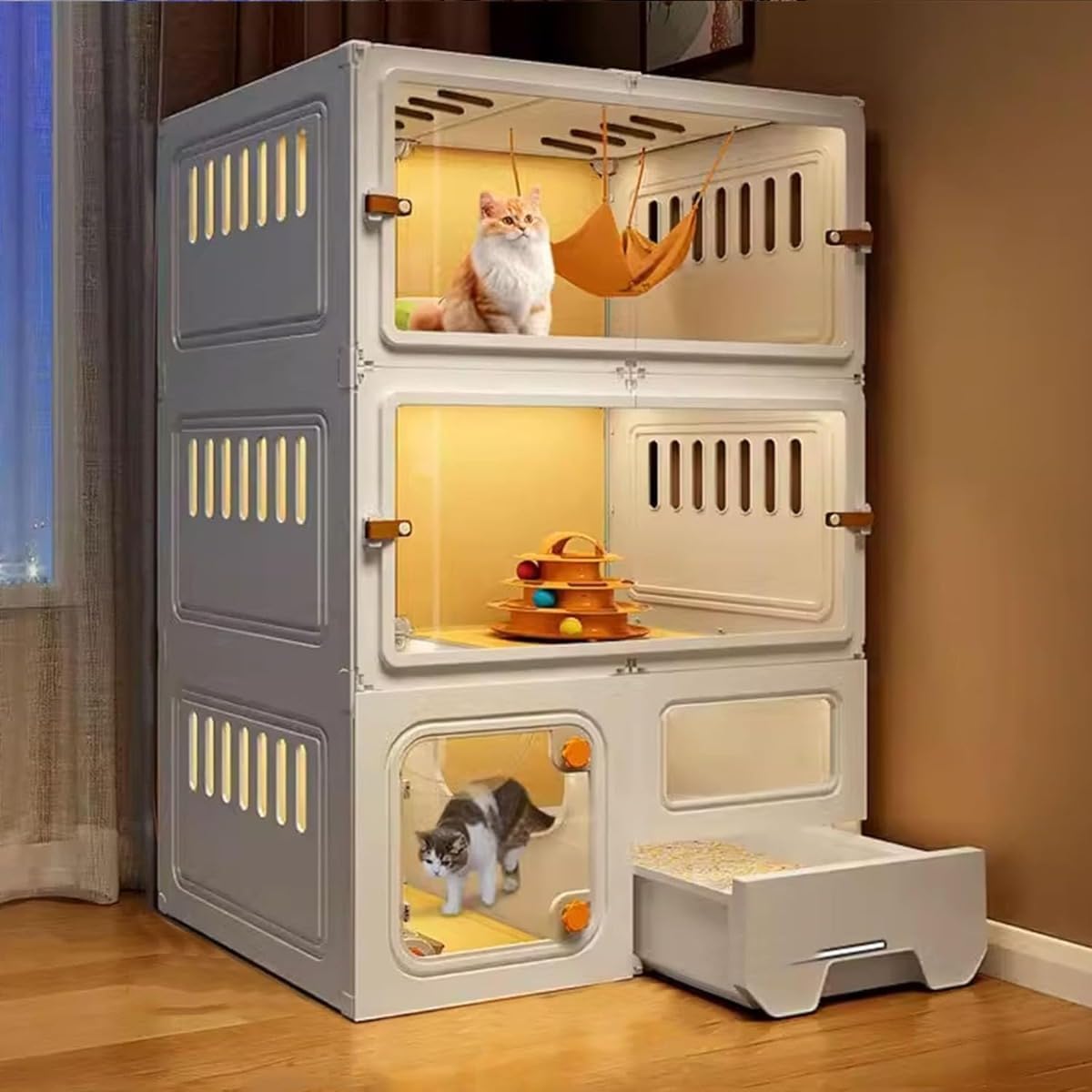 猫キャット 猫小屋です ペットケージです 大型 猫用囲い 通気性良好、猫用トイレ付き 組み立て式 多機能 おしゃれ 猫運動場所 1~3 匹の猫に最適な運動場所 (3段70*45*105,イエロー)|擇木ショップ