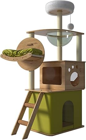 猫タワー モダンマルチレベルラージリアルソリッドウッドキャットツリー 360°透明宇宙船 屋内猫用マルチレイヤープラットフォーム付き 木製 高い安定性 お手入れ簡単 おしゃれ ()|擇木ショップ