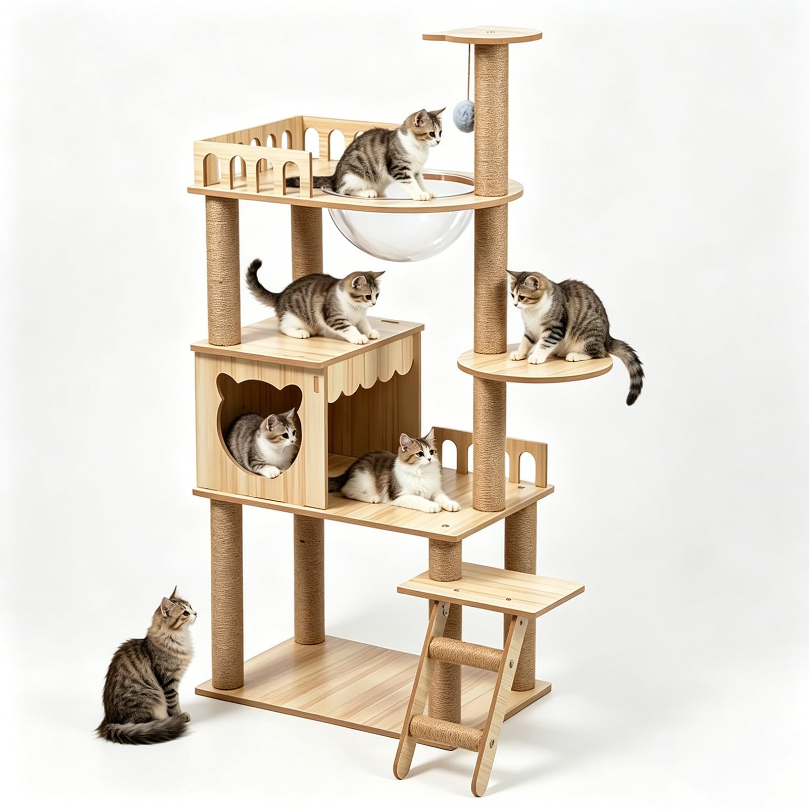 キャットタワー - スリムデザイン 大型猫用 老猫や肥満猫、子猫向けキャットハウス 宇宙船型透明ボウル 多頭飼い 対応 組み立て簡単 安定性 多段階のステップ 省スペース 天然麻紐の爪とぎ 運動不足解消 キャットタワー 木製 お手入れ簡単｜擇木ショップ