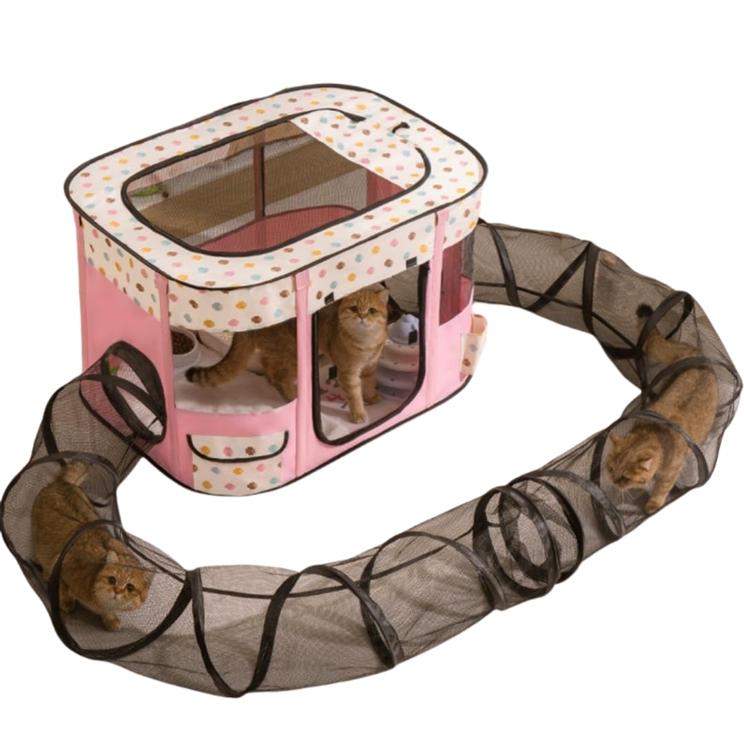 ペットサークル トンネル付き猫 ベッド ドーム 冷感 夏用 犬猫通用 折りたたみ式 防水 網目囲い 長方形 猫分娩室・哺乳期に最適 防・折網付き 屋根付き・ドア付き 密閉式 猫ひんやりベッド 犬用ベッド 室内外兼用 (ブルー) (レッド)|擇木ショップ