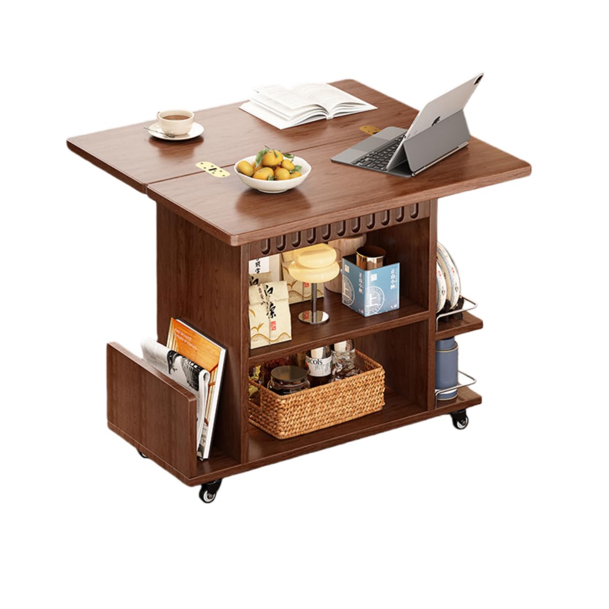 移動式サイドテーブル ソリッドウッド製 折りたたみ可能 広々天板 二段オープン収納 雑誌・小物整理 静音キャスター付き 応接室・リビング・寝室・ダイニング対応 省スペース家具 (60*60*59,クルミ)|擇木ショップ