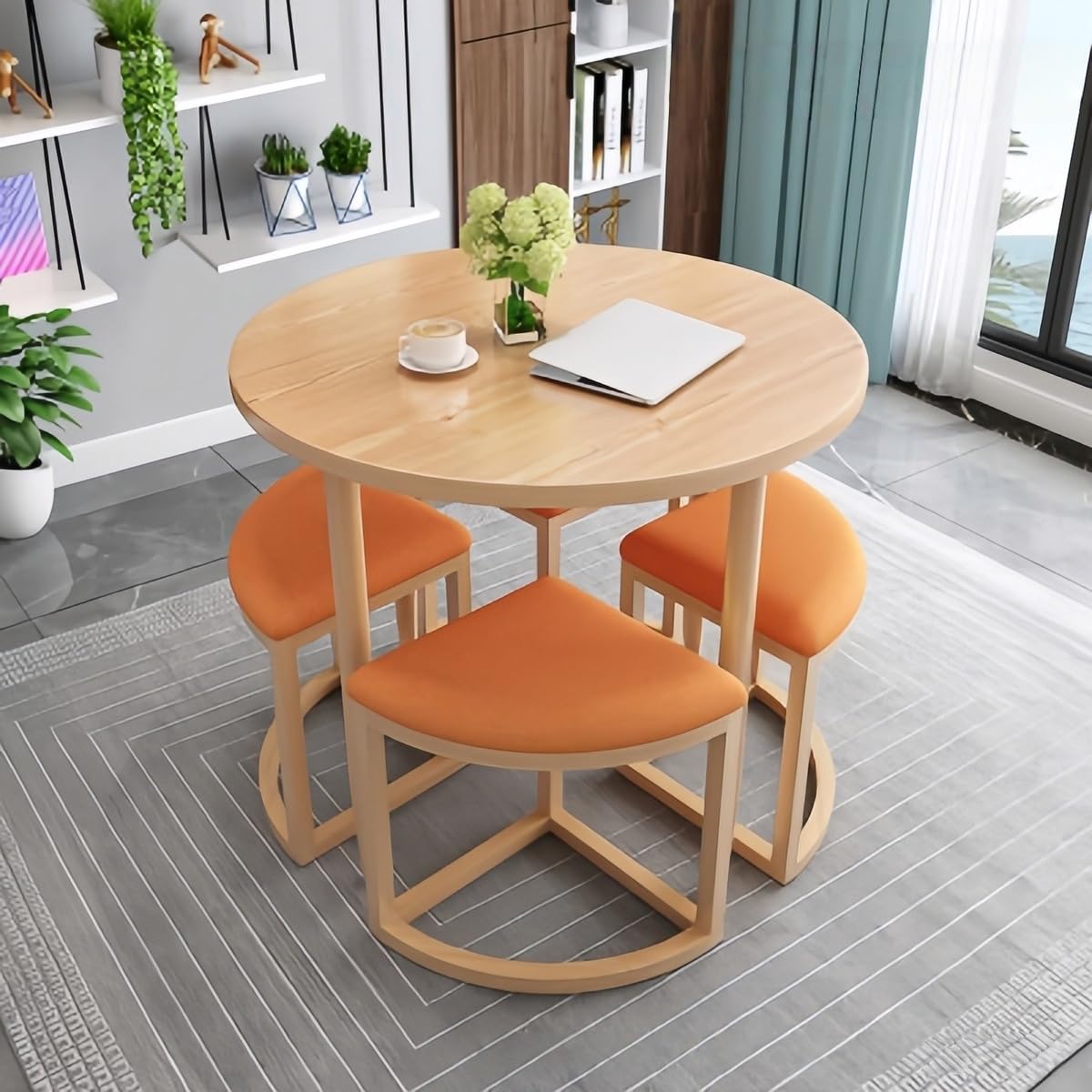 モダンデザイン 4人用テーブルセット 5点 円形80 ファブリック椅面 ガーデン/服装店カフェ 屋内屋外兼用 おしゃれ省スペース家具 (オレンジ色)|擇木ショップ