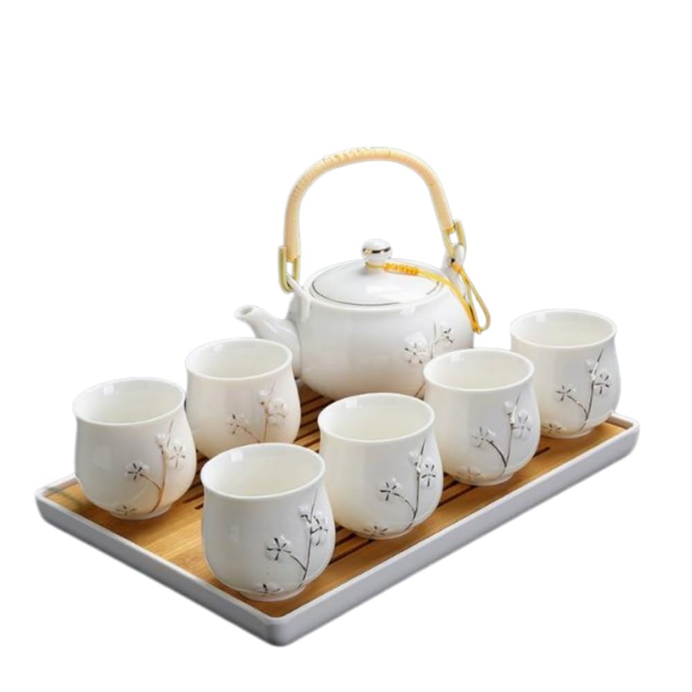 茶器セット 8点 和風 クラシック磁器 茶皿 急須 湯呑セット プレゼント用 おしゃれ マルチティーセット 茶道具 (金彩ホワイト 8点セット)|擇木ショップ