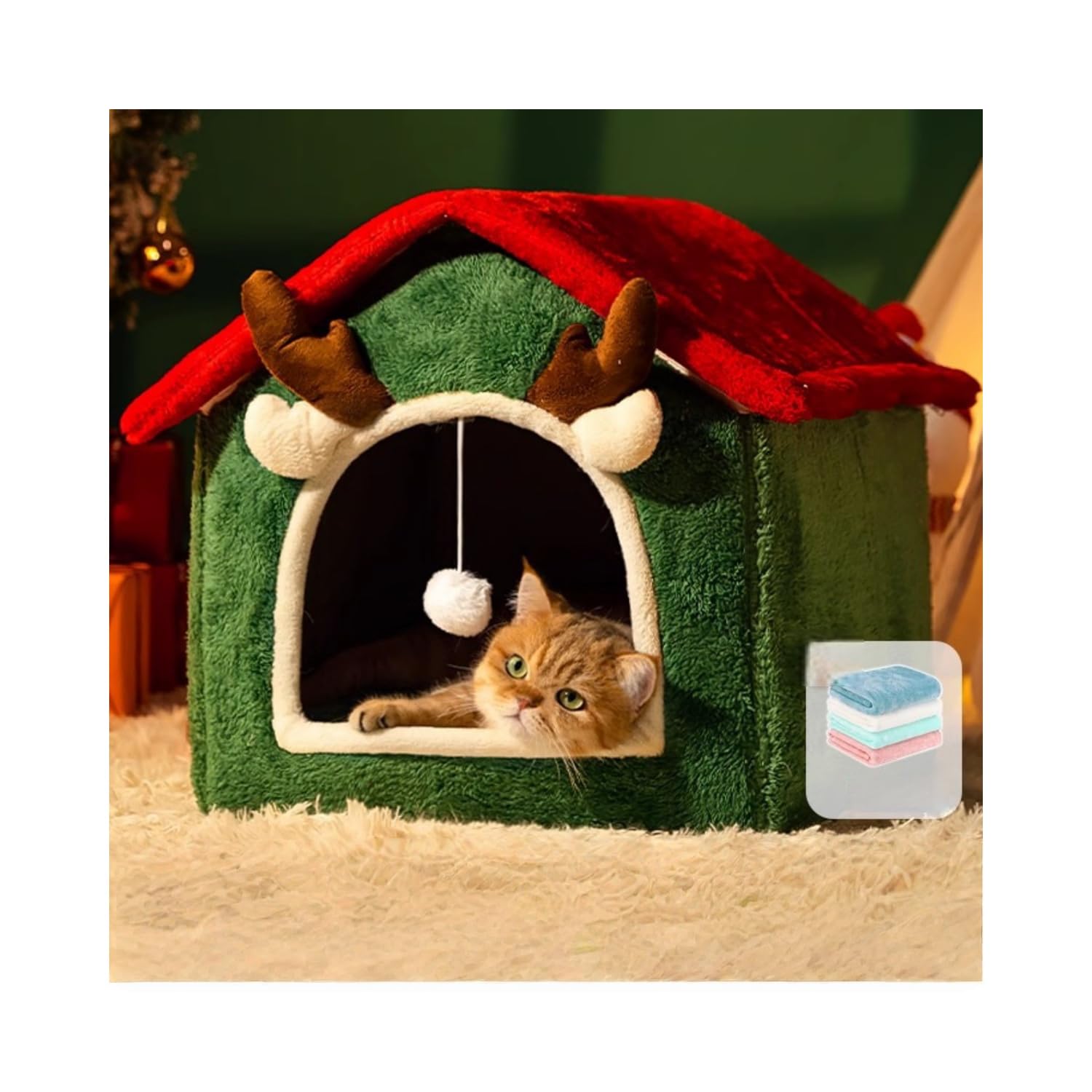 クリスマス猫ハウス ドーム型猫ベッド 可愛いクリエイティブ冬用室内猫ベッド クリスマスデコレーション 水洗い可能 防寒対策 犬猫 室内用 冬用ベッド (大,ブランケットバージョン)｜擇木ショップ