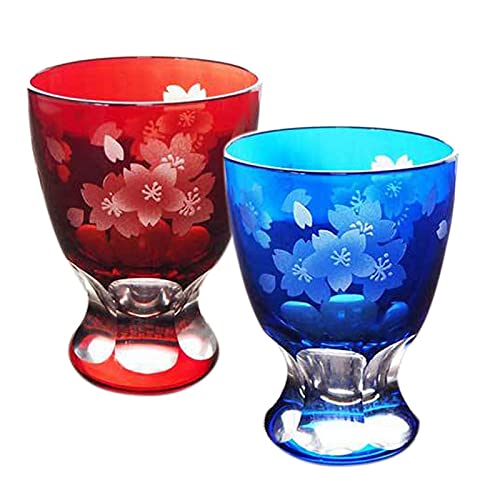 日本酒 グラス ペア 冷酒グラス セット 80 ペアセット 切子グラス ガラス お猪口 ぐい呑み 酒器 冷酒グラス 日本酒グラス 桜 杯 冷酒 食洗機対応(ブルー＆レッド)｜擇木ショップ