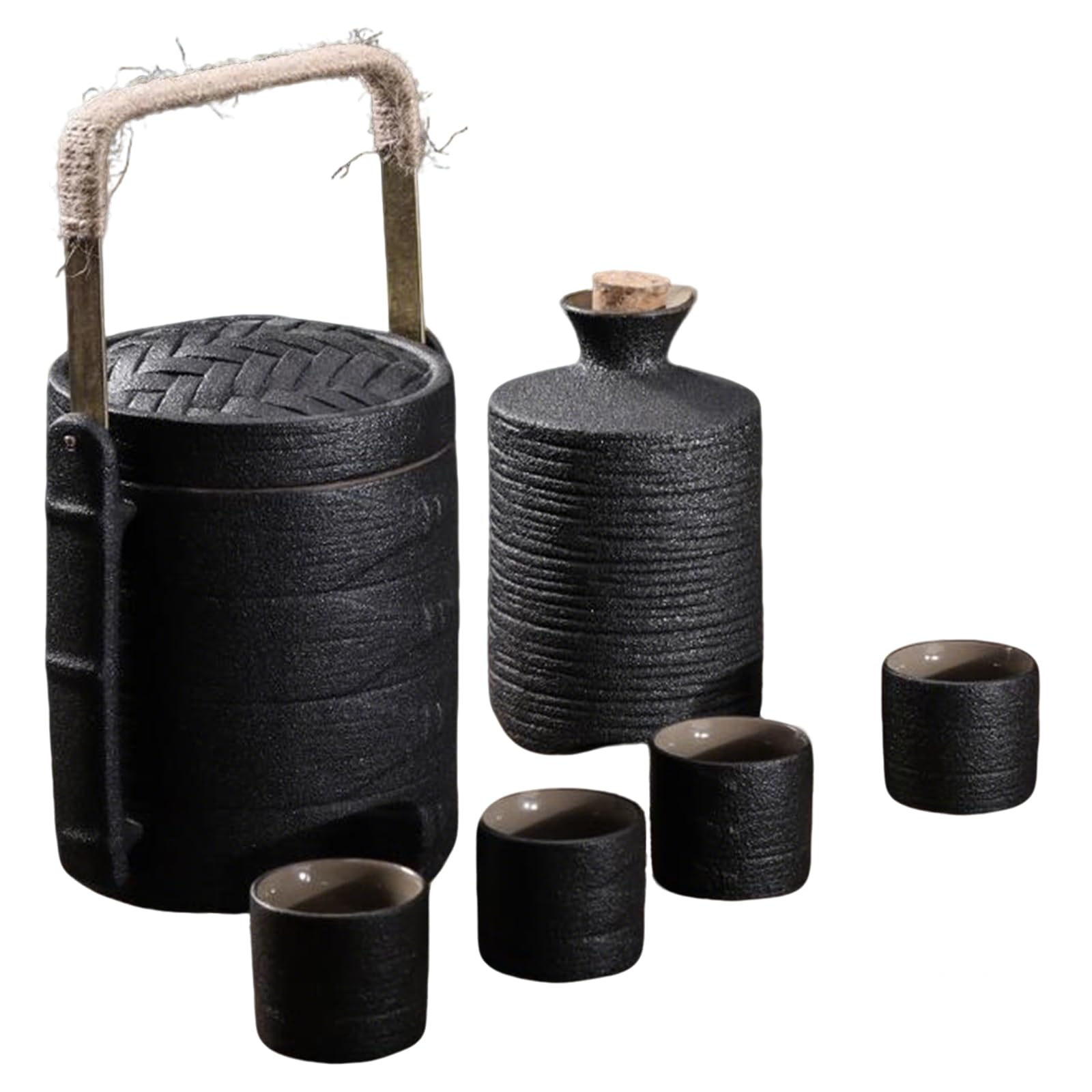 黒釉セラミック手作り酒器セット 360酒鍋+30酒杯4個付 熱燗 冷酒両用 食洗機対応 業務用 家庭用 酒 焼酎 茶兼用 ギフト対応 お燗 ()|擇木ショップ