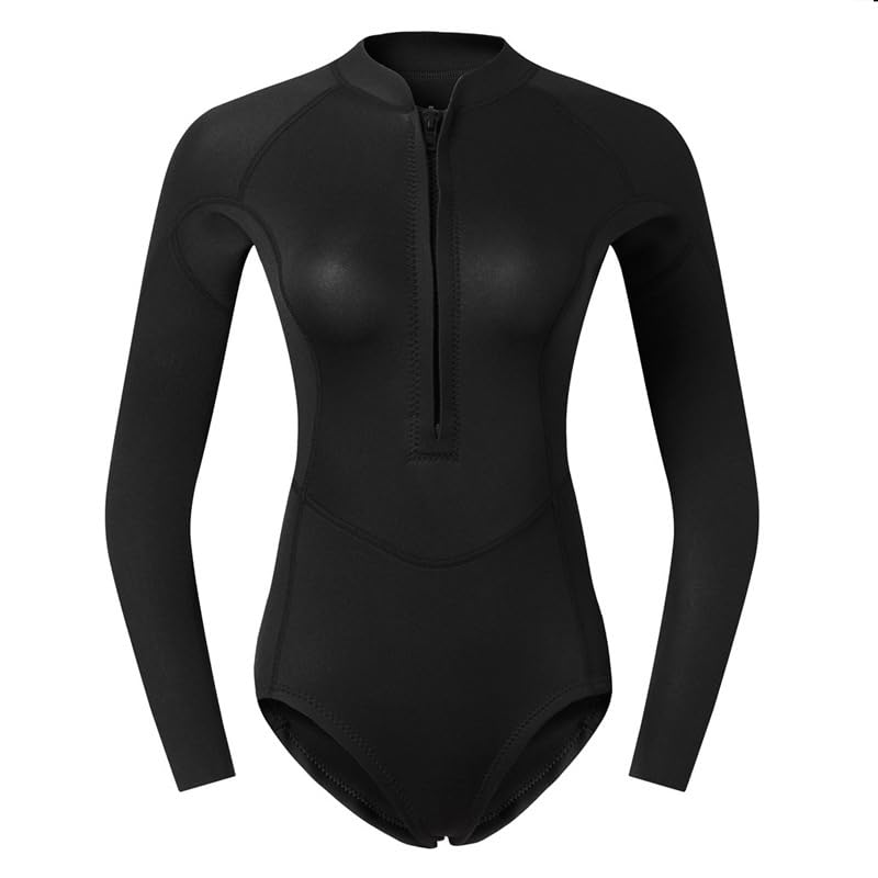 レディースウェットスーツ 潜水服 2 ミリメートル厚ネオプレンゴム ワンピース伸縮性水着、長袖ジャケット - フロントジッパー 日焼け止め カット 保温 防寒 ワンピース ダイビング サーフィン フィッシング マリンスポーツ ウォータースーツ|擇木ショップ