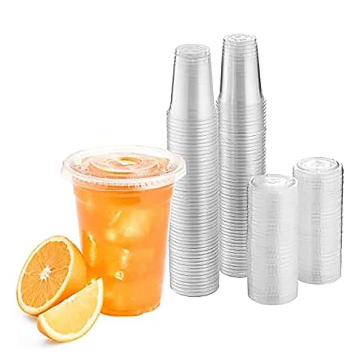 プラスチックカップ 蓋付き 透明 使い捨て プラスチック フラット蓋付き 冷たいドリンクパーティー テイクアウトカップ 12オンス 100個パック (14 オンス)｜擇木ショップ