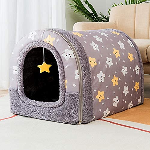 ペットハウス 猫 犬 ハウス ペットベッド 可愛い キャットハウス 冬 グレー 保温 防寒 室内用 ぐっすり眠れる 寝床 スター ボーダー 縞模様 小屋 屋根 居心地が良い ふわふわ ドッグハウス 小 中型犬用 ベッド (,グレー)｜擇木ショップ