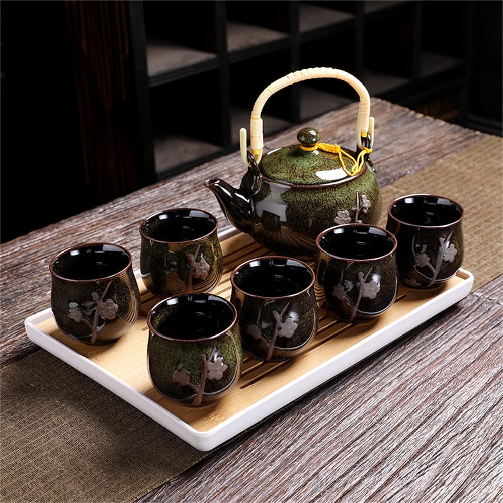 茶器セット 8点セット 和風 クラシック磁器茶具 湯呑み 茶托 茶器セット ティーポット 土瓶 茶こし付 茶碗 茶器揃 おしゃれ プレゼント 茶道 自宅用 (濃い緑色)|擇木ショップ