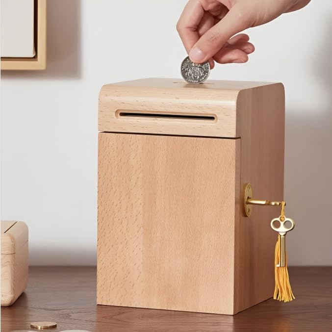 貯金箱 大容量の木製の貯金箱 貯蓄ボックス 鍵付き 大きい お札 北欧 おしゃれ お札 詰まりにくい 小物入れ アンティーク シンプルなデザイン ケヤキ材/くるみ材 保存可能 小物収納ボックス (ケヤキの木)｜擇木ショップ
