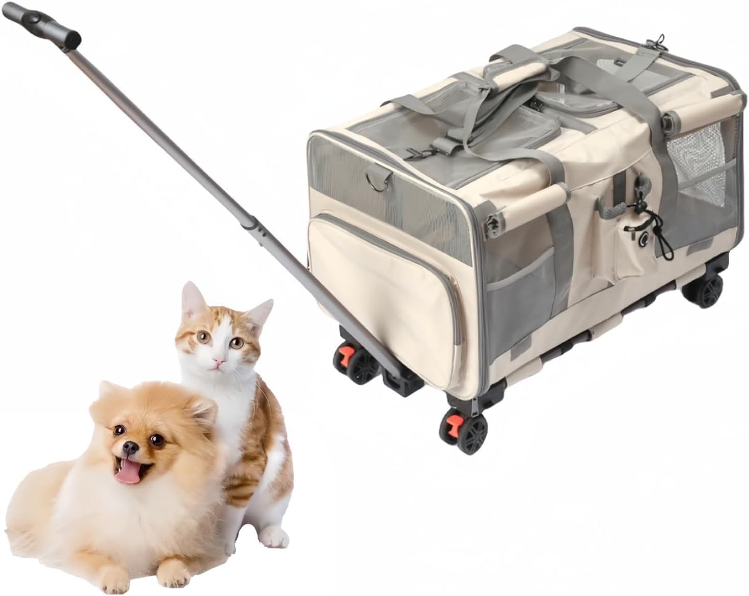 ペットキャリー 2匹用 2室 キャスター付き リュック 折りたたみ可 小型犬 猫 ソフトクレート キャリーバッグ 通院 散歩 (ベージュ)|擇木ショップ
