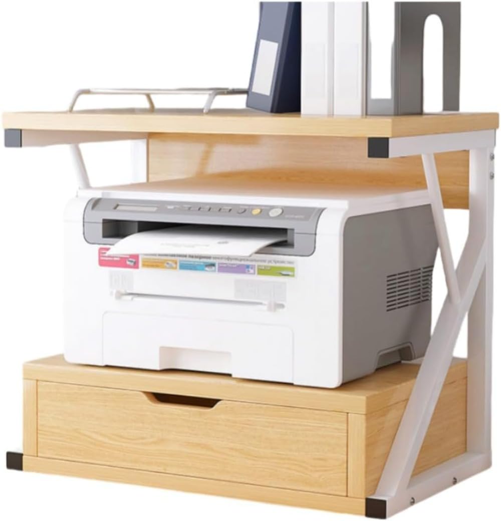 プリンター台 2 段式 卓上収納ラック 耐荷重 25 多機能 キッチン/オフィス用 電子レンジ上ラック デスクオーガナイザー (【引き出し付き二段】北米産木目カラー 54×35×50)|擇木ショップ