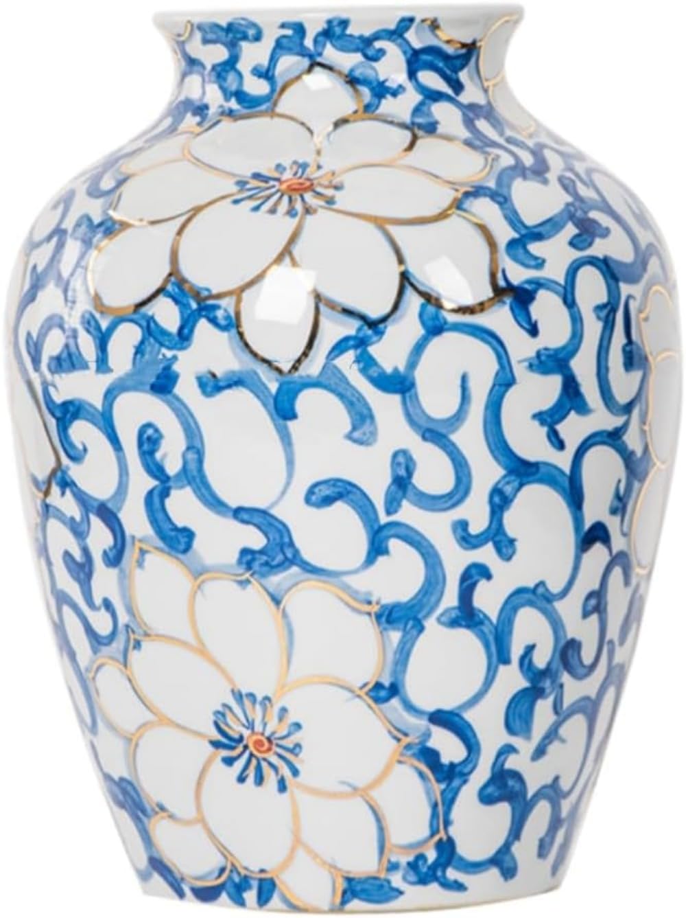 古代美的陶器 青白磁器花模様玉型オブジェ シンプル生け花装飾 リビングインテリア 水耕栽培容器 結婚祝い置物 (口径の広い花瓶,ブルー+ホワイト)｜擇木ショップ