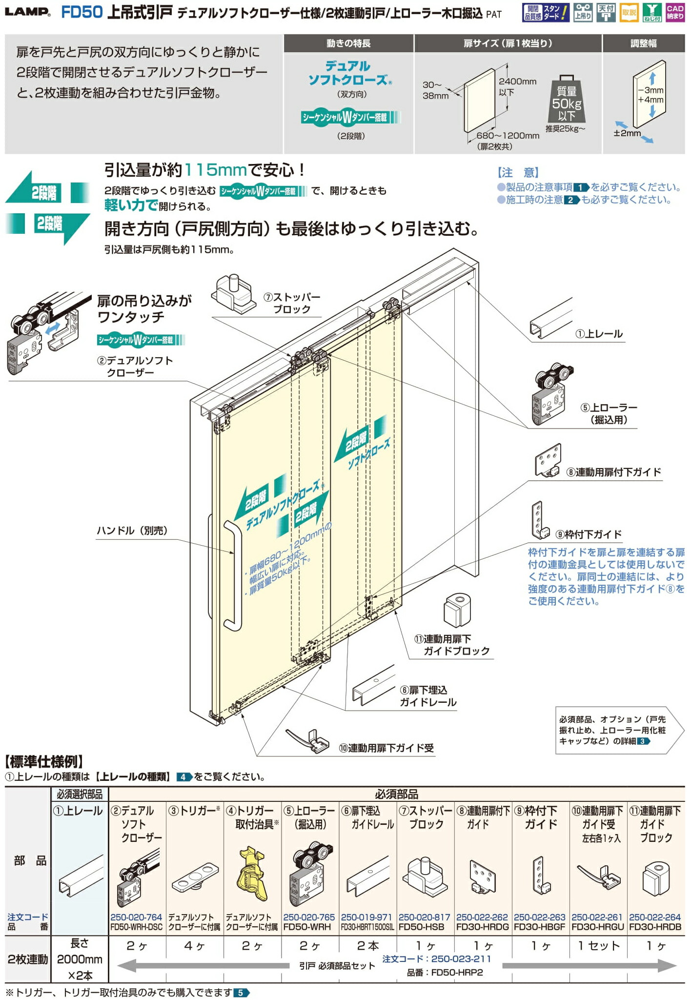 SALE】 LAMP スガツネ工業FD50 上吊式引戸 デュアルソフトクローザー仕様 2枚連動引戸 上ローラー木口掘込品番 FD50-HRP2注文コード  250-023-211引戸 必須部品セット扉質量 50kg以下※上レールは別売です fucoa.cl