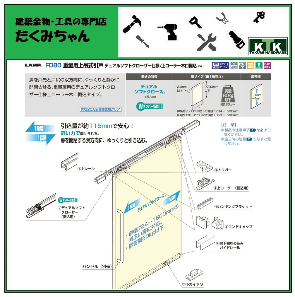 再入荷】 LAMP スガツネ工業FD80 重量用上吊式引戸 デュアルソフトクローザー仕様 上ローラー木口掘込品番 FD80DHCHP-2注文コード  250-024-462引戸 必須部品セット仕様 2枚引き違い 2枚引き分け用扉質量 80kg以下※上レールは別売です fucoa.cl