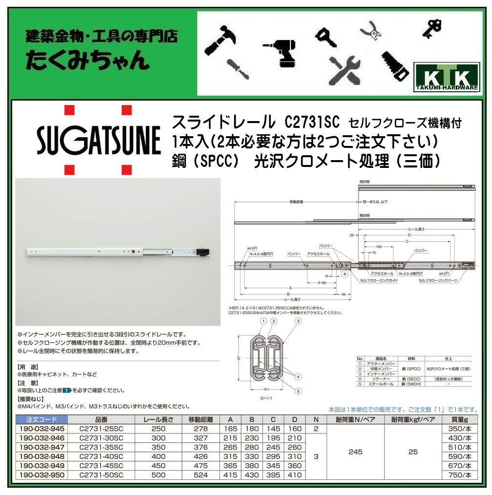 楽天市場 Lamp スガツネ工業スライドレール C2731sc品番 C2731 35sc注文コード 190 032 947レール長さ 350移動距離 376耐荷重kgf ペア 253段引 材料 鋼 Spcc 1本入 2本必要な方は2つお買い求め下さい 建築金物 工具専門店たくみちゃん