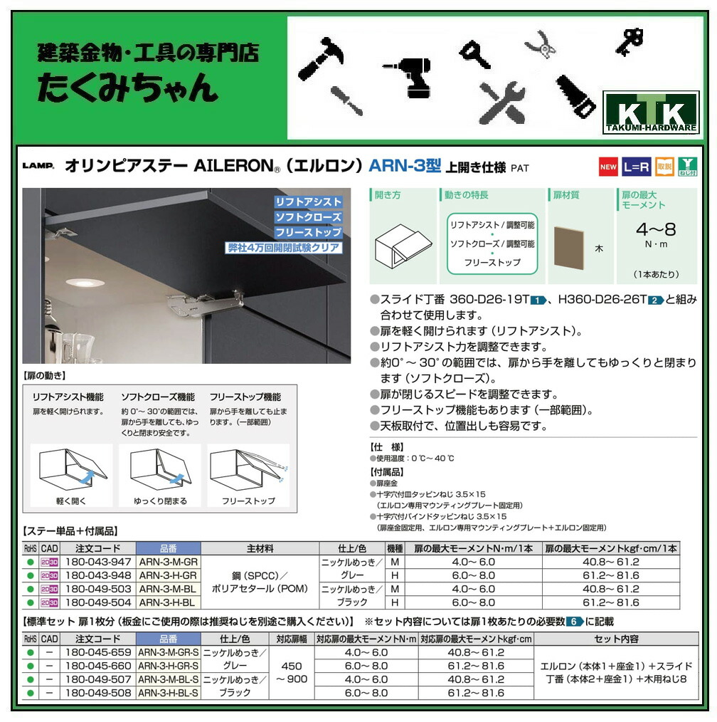 メーカー直送】 LAMP スガツネ工業オリンピアステー AILERON エルロン ARN-3型 上開き仕様品番 ARN-3-H-GR-S注文コード  180-045-660標準セット 扉1枚分エルロン 本体1 座金1 スライド丁番 本体2 木用ねじ8仕上 色 ニッケルめっき グレー  whitesforracialequity.org