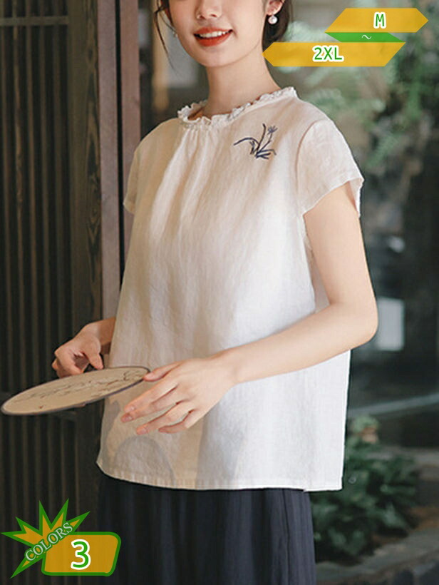 レディース Tシャツ 半袖 中華風 トップス 春夏 ゆったり 綿 通気 快適 夏服 通勤 通学 旅行 アウトドア 刺繍 シンプル かわいい おしゃれ ショート丈 カットソー 薄手 クルーネック 着痩せ効果 インナー カジュアル 定番 takushistore