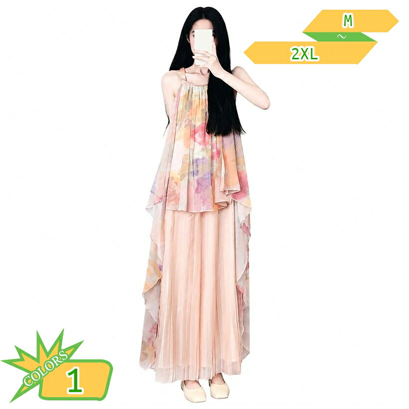 セットアップ レディース 着痩せ ゆったり ロングワンピース キャミソール プリーツ スカート 花柄 ノースリーブ 2点セット 大きいサイズ マタニティウェア風 リゾート お出かけ 春 夏 takushistore|takushistore