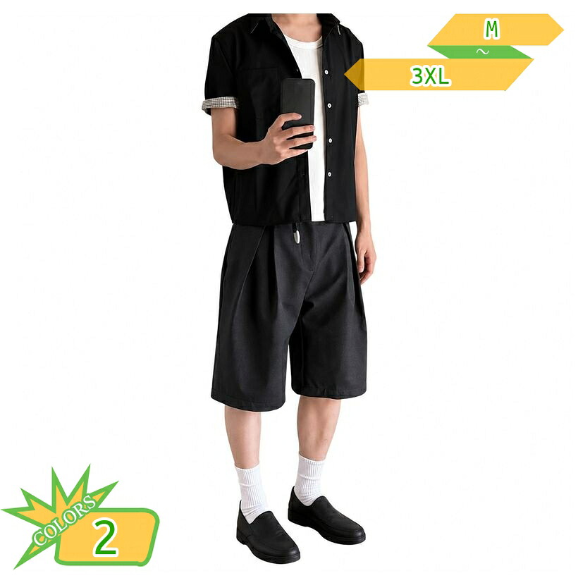 ショートパンツ メンズ ワイドシルエット 着痩せ ハーフパンツ 膝丈 5分丈パンツ ボックスタック デザインパンツ ゆったりサイズ ヴィンテージ風 カジュアル 通勤 お出かけ 夏 takushistore|takushistore