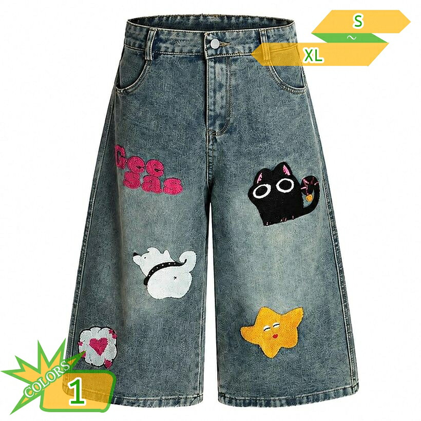 着痩せ見え ショートパンツ デニムパンツ 5分丈 刺繍デザイン ヴィンテージ風 ストレート ジーパン 大人可愛い 大きいサイズ お出かけ takushistore｜takushistore 15,688円