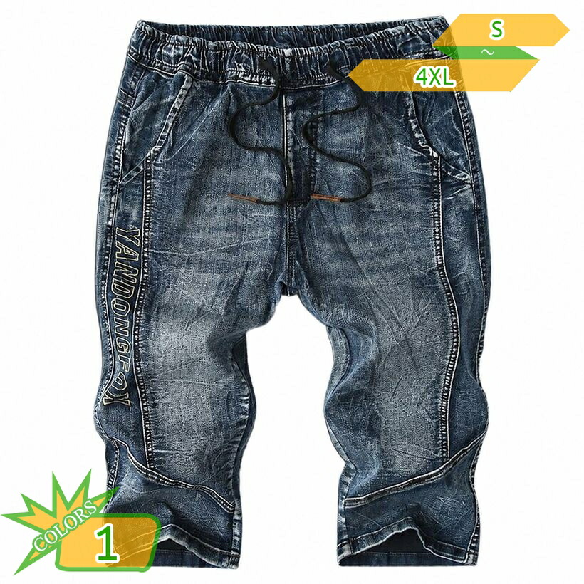メンズ 七分丈 デニム パンツ ウエストゴム ドローストリング ゆったり シルエット カジュアル 春夏 ズボン takushistore｜takushistore