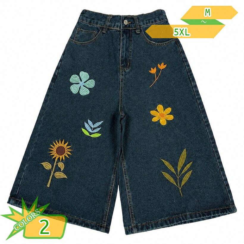 刺繍入り デニムパンツ 七分丈 膝丈 メンズ ワイドシルエット 体型カバー ゆったり ショートパンツ ハーフ ズ レトロ ストリート系 ファッション お洒落 カジュアル 夏用 5分丈 ボトムス 綿混 takushistore|takushistore