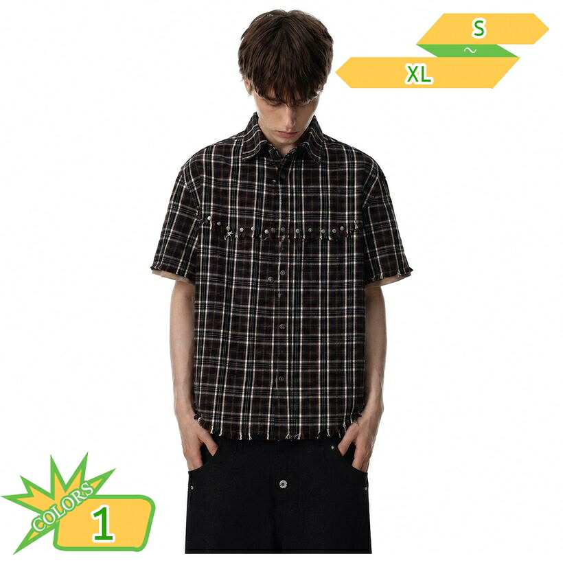 チェックシャツ メンズ 半袖 ゆったり 体型カバー レトロ ヴィンテージ風 切りっぱなし カジュアル 夏服 ストリート系 トップス 襟付き 重ね着 おしゃれ 通学 お出かけ takushistore｜takushistore